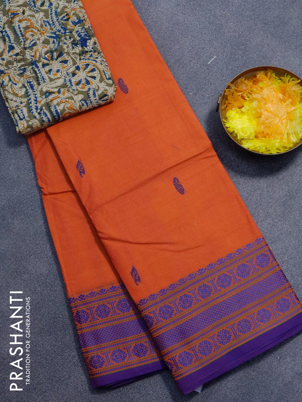 Chettinad cotton saree sunset orange and blue with thread woven buttas and thread woven border - kalamkari printed blouse