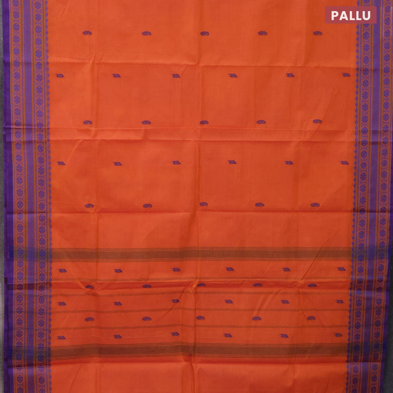 Chettinad cotton saree sunset orange and blue with thread woven buttas and thread woven border - kalamkari printed blouse