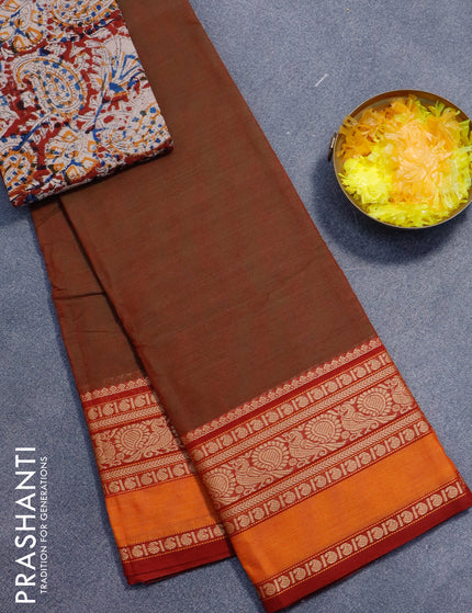 Chettinad cotton saree manthulir green and maroon with plain body and thread woven border - kalamkari printed blouse