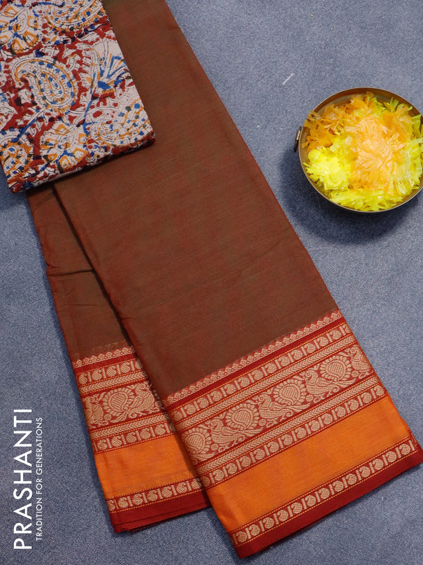 Chettinad cotton saree manthulir green and maroon with plain body and thread woven border - kalamkari printed blouse