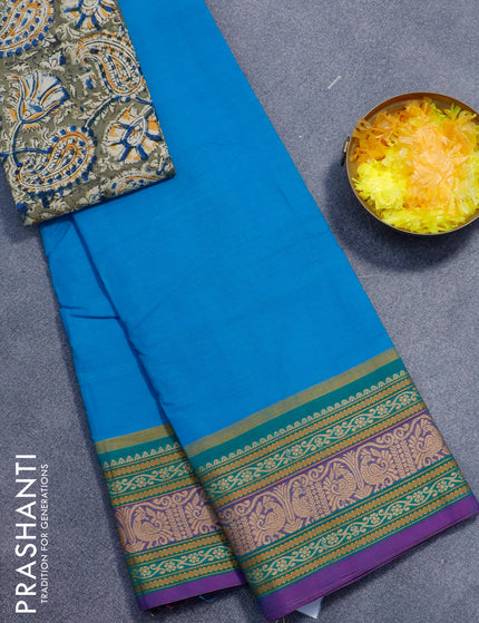 Chettinad cotton saree cs blue and purple with plain body and thread woven border - kalamkari printed blouse