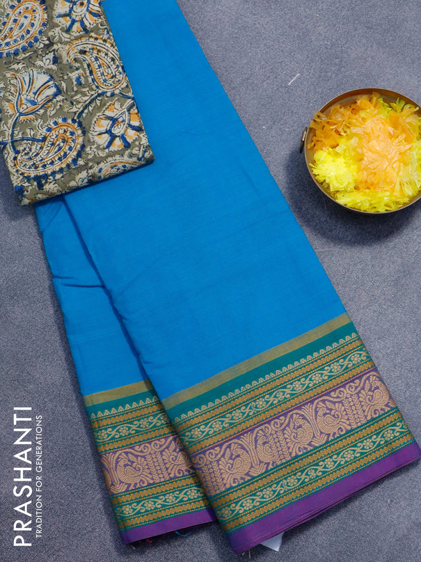 Chettinad cotton saree cs blue and purple with plain body and thread woven border - kalamkari printed blouse