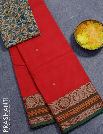 Chettinad cotton saree red and dual shade of green with thread woven buttas and thread woven border - kalamkari printed blouse