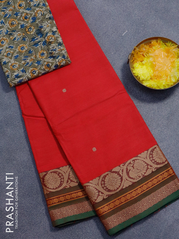 Chettinad cotton saree red and dual shade of green with thread woven buttas and thread woven border - kalamkari printed blouse