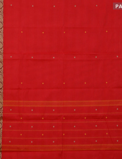 Chettinad cotton saree red and dual shade of green with thread woven buttas and thread woven border - kalamkari printed blouse