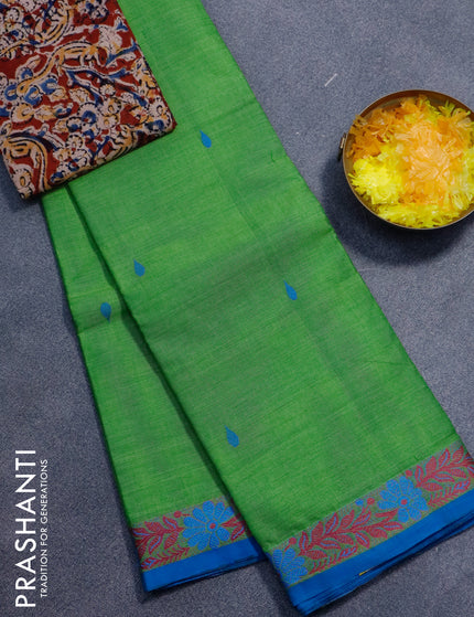 Chettinad cotton saree green and blue with thread woven buttas and thread woven border - kalamkari printed blouse