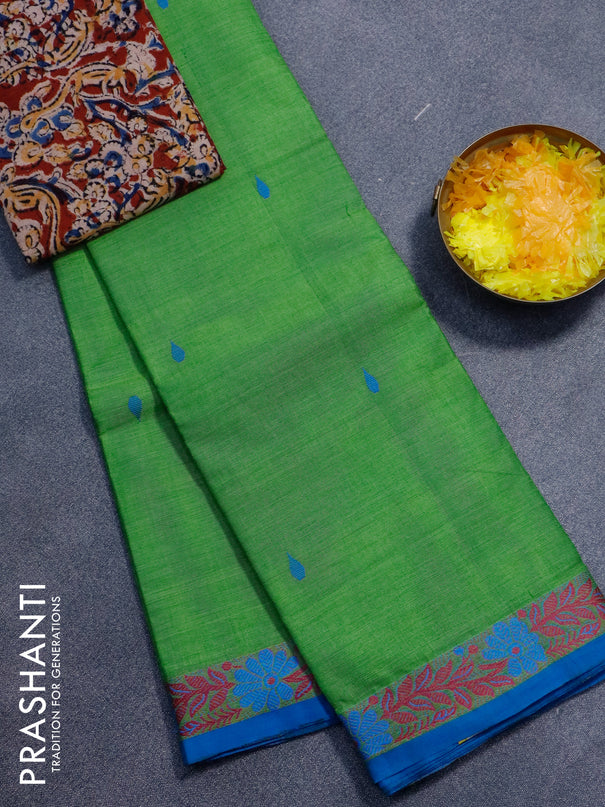 Chettinad cotton saree green and blue with thread woven buttas and thread woven border - kalamkari printed blouse