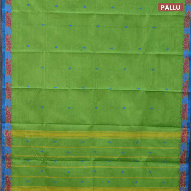 Chettinad cotton saree green and blue with thread woven buttas and thread woven border - kalamkari printed blouse