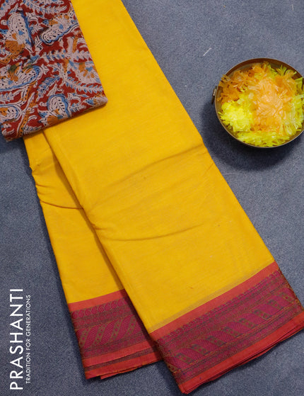 Chettinad cotton saree mango yellow and pink with plain body and thread woven border - kalamkari printed blouse