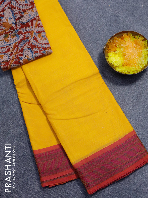 Chettinad cotton saree mango yellow and pink with plain body and thread woven border - kalamkari printed blouse