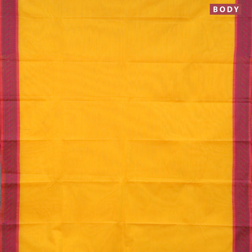 Chettinad cotton saree mango yellow and pink with plain body and thread woven border - kalamkari printed blouse