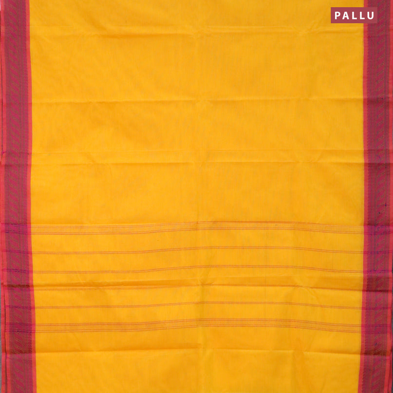 Chettinad cotton saree mango yellow and pink with plain body and thread woven border - kalamkari printed blouse