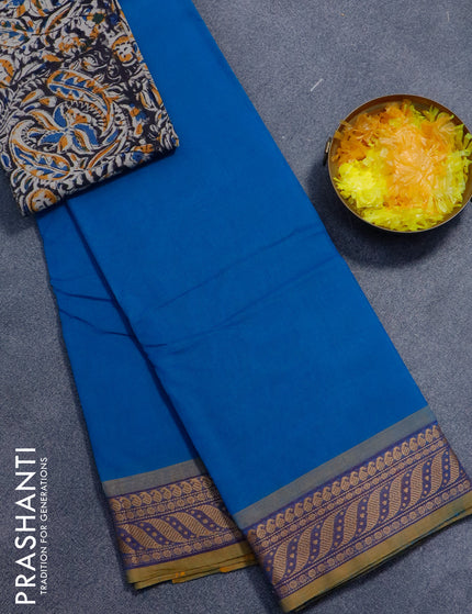 Chettinad cotton saree cs blue and mustard shade with plain body and thread woven border - kalamkari printed blouse