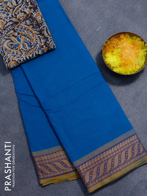 Chettinad cotton saree cs blue and mustard shade with plain body and thread woven border - kalamkari printed blouse