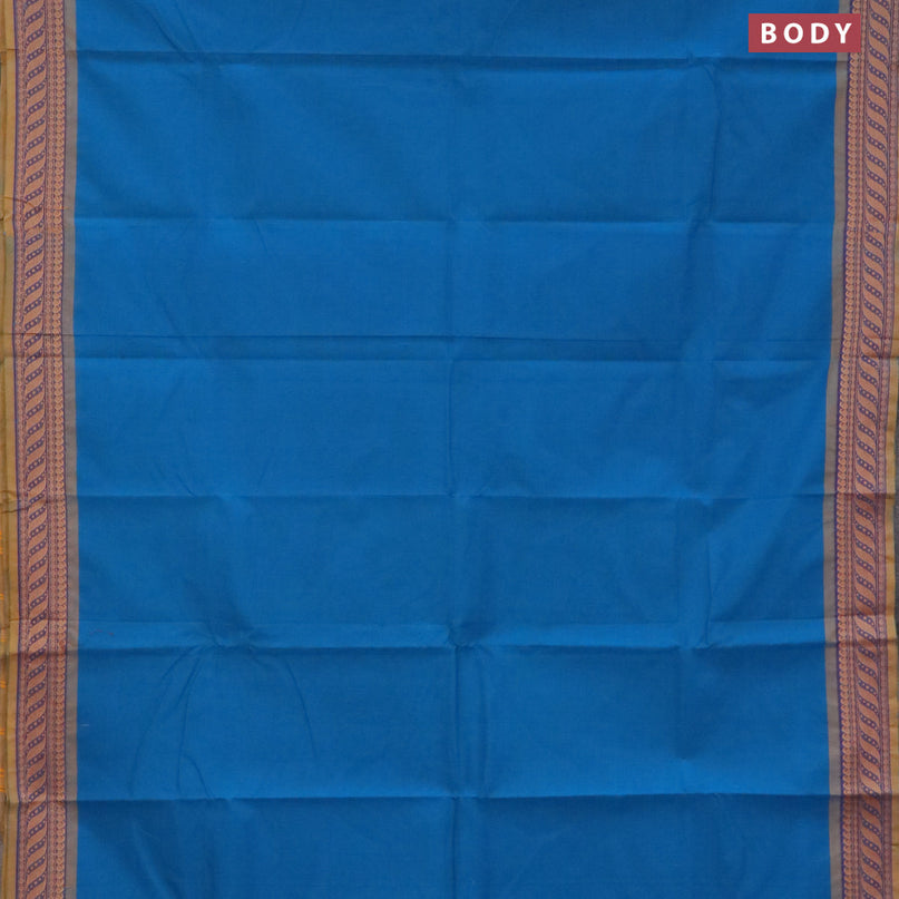 Chettinad cotton saree cs blue and mustard shade with plain body and thread woven border - kalamkari printed blouse