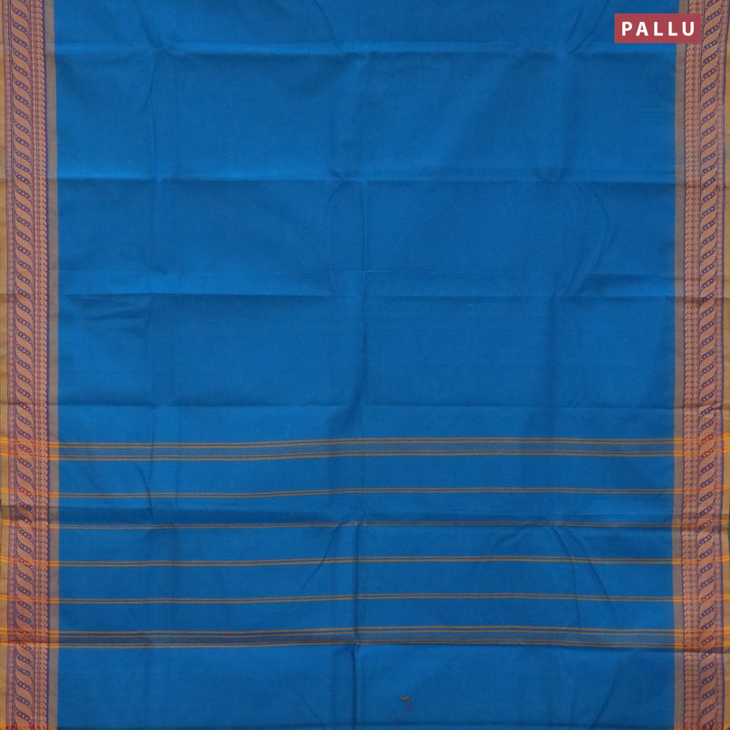 Chettinad cotton saree cs blue and mustard shade with plain body and thread woven border - kalamkari printed blouse