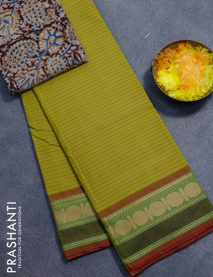 Chettinad cotton saree lime yellow and maroon shade with stripes pattern and thread woven border - kalamkari printed blouse