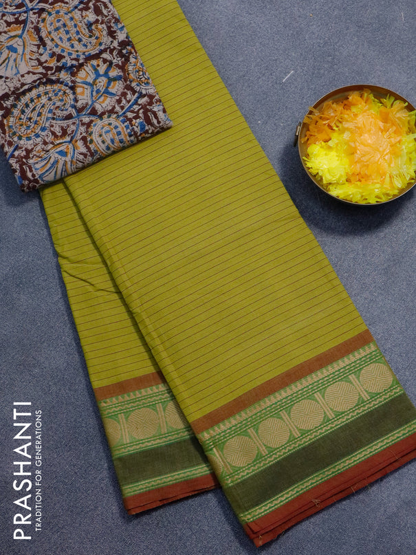 Chettinad cotton saree lime yellow and maroon shade with stripes pattern and thread woven border - kalamkari printed blouse