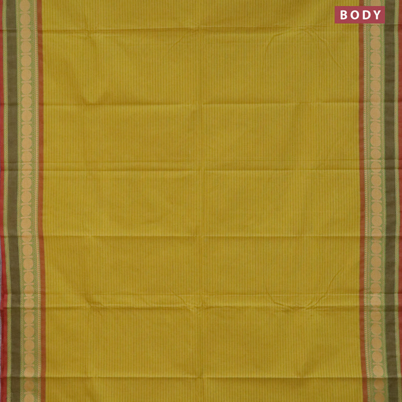 Chettinad cotton saree lime yellow and maroon shade with stripes pattern and thread woven border - kalamkari printed blouse