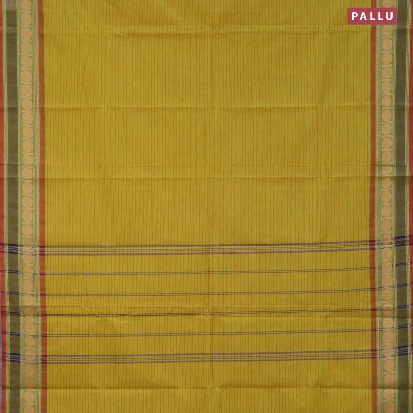 Chettinad cotton saree lime yellow and maroon shade with stripes pattern and thread woven border - kalamkari printed blouse