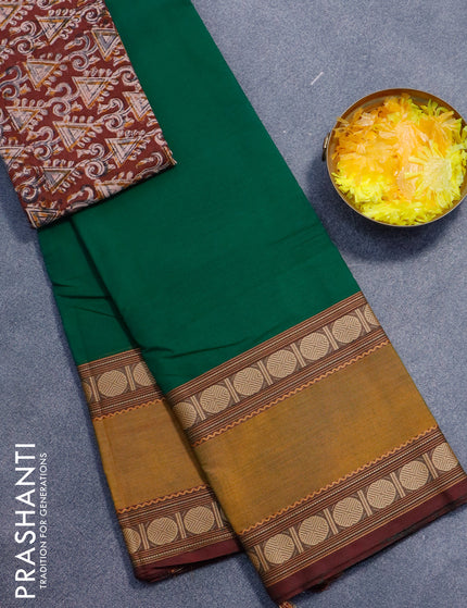 Chettinad cotton saree green and mustard yellow maroon with plain body and rudhraksha thread woven rettapet woven border - kalamkari printed blouse