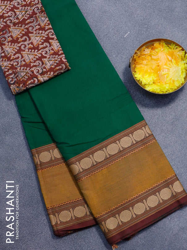 Chettinad cotton saree green and mustard yellow maroon with plain body and rudhraksha thread woven rettapet woven border - kalamkari printed blouse