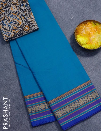 Chettinad cotton saree teal blue and blue with plain body and thread woven border - kalamkari printed blouse