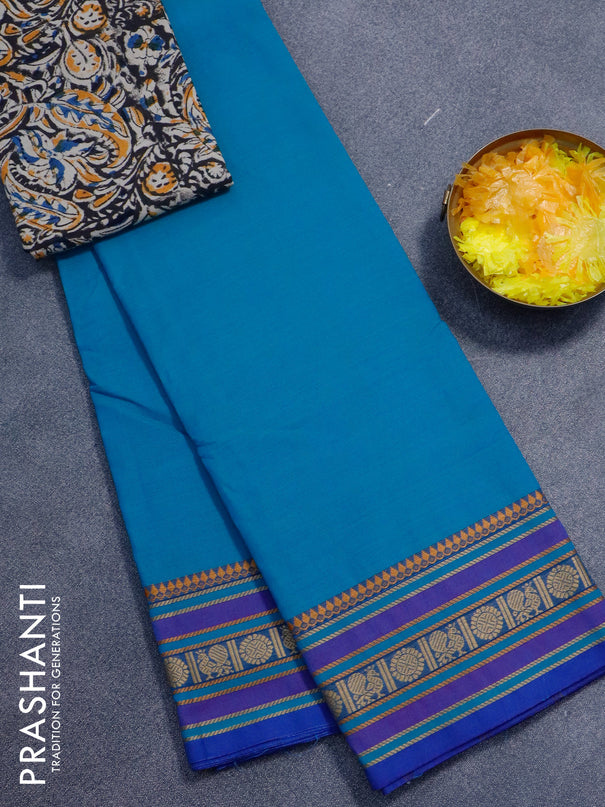 Chettinad cotton saree teal blue and blue with plain body and thread woven border - kalamkari printed blouse