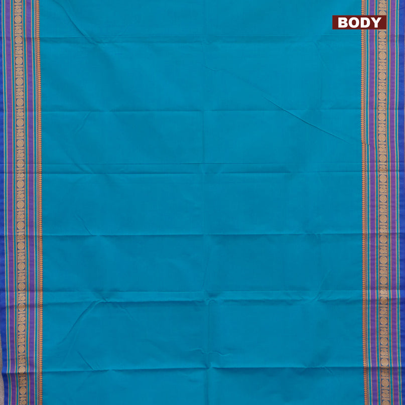 Chettinad cotton saree teal blue and blue with plain body and thread woven border - kalamkari printed blouse