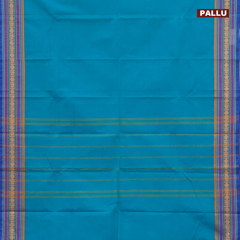 Chettinad cotton saree teal blue and blue with plain body and thread woven border - kalamkari printed blouse