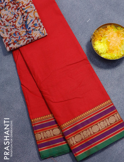 Chettinad cotton saree red and green with plain body and thread woven border - kalamkari printed blouse