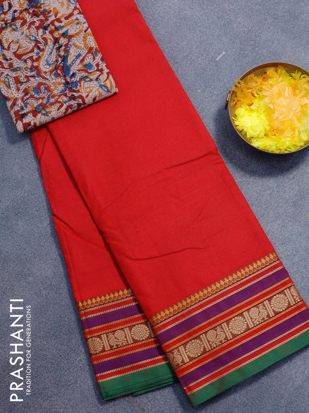 Chettinad cotton saree red and green with plain body and thread woven border - kalamkari printed blouse