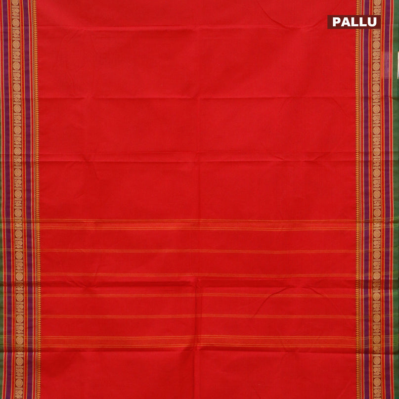 Chettinad cotton saree red and green with plain body and thread woven border - kalamkari printed blouse