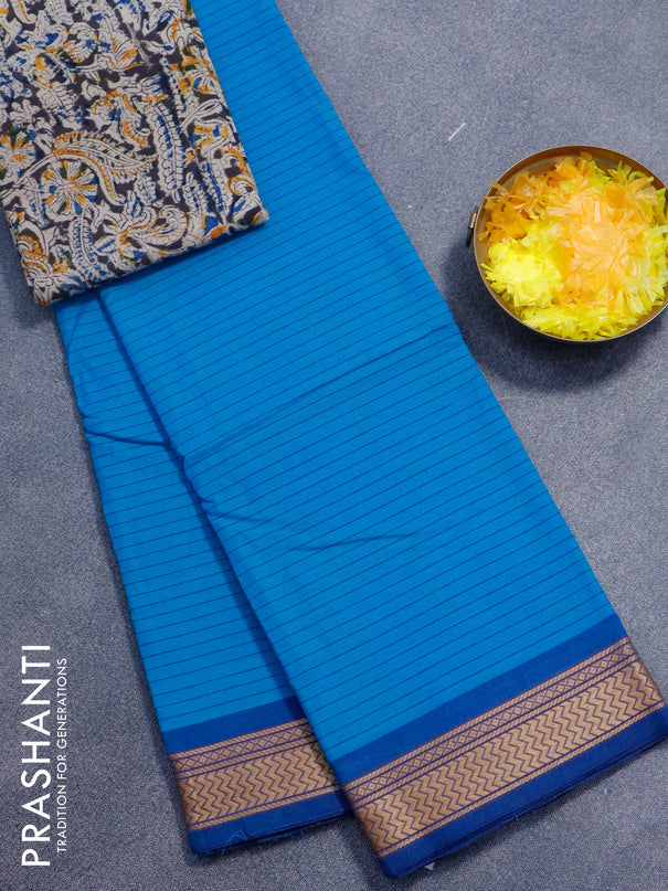 Chettinad cotton saree cs blue and blue with allover stripes pattern and thread woven border - kalamkari printed blouse