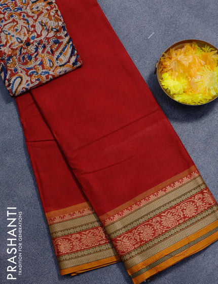 Chettinad cotton saree maroon and mustard yellow with plain body and thread woven border - kalamkari printed blouse