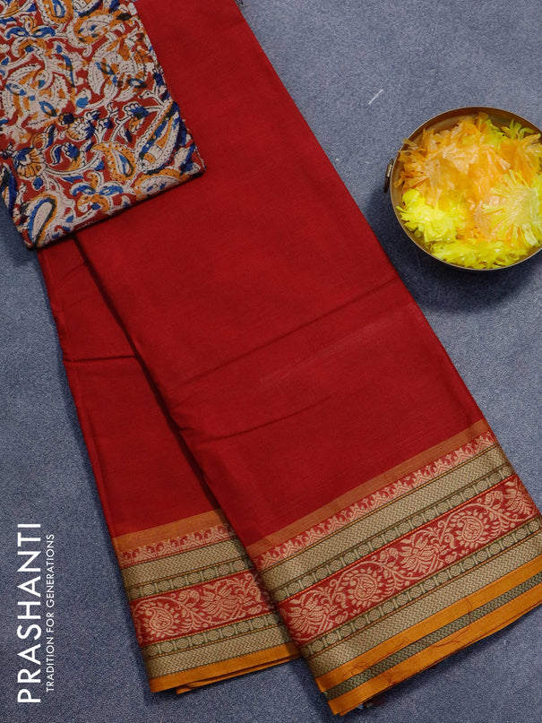 Chettinad cotton saree maroon and mustard yellow with plain body and thread woven border - kalamkari printed blouse