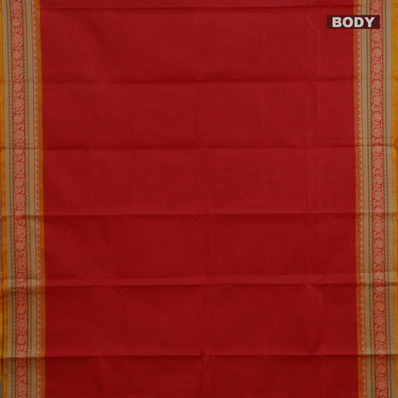 Chettinad cotton saree maroon and mustard yellow with plain body and thread woven border - kalamkari printed blouse