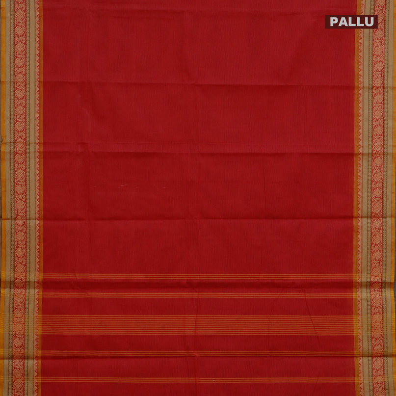 Chettinad cotton saree maroon and mustard yellow with plain body and thread woven border - kalamkari printed blouse