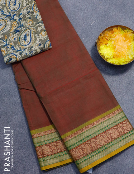 Chettinad cotton saree manthulir green and mustard shade sap green with plain body and thread woven border - kalamkari printed blouse