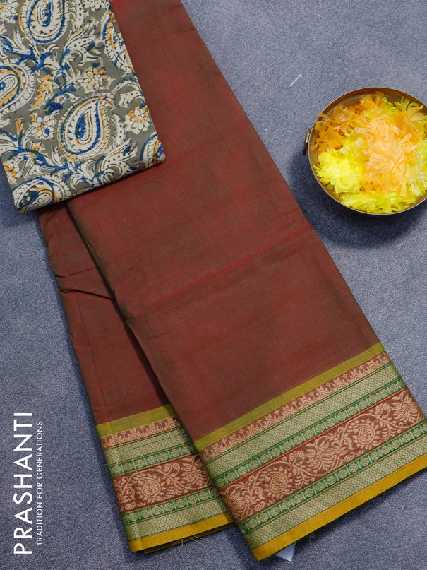 Chettinad cotton saree manthulir green and mustard shade sap green with plain body and thread woven border - kalamkari printed blouse