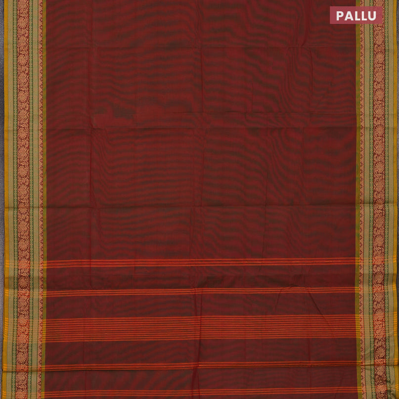 Chettinad cotton saree manthulir green and mustard shade sap green with plain body and thread woven border - kalamkari printed blouse