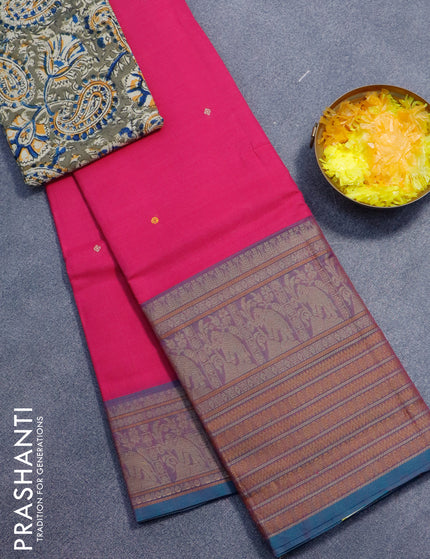 Chettinad cotton saree pink and dual shade of blue with thread woven buttas and long elephant design thread woven border - kalamkari printed blouse