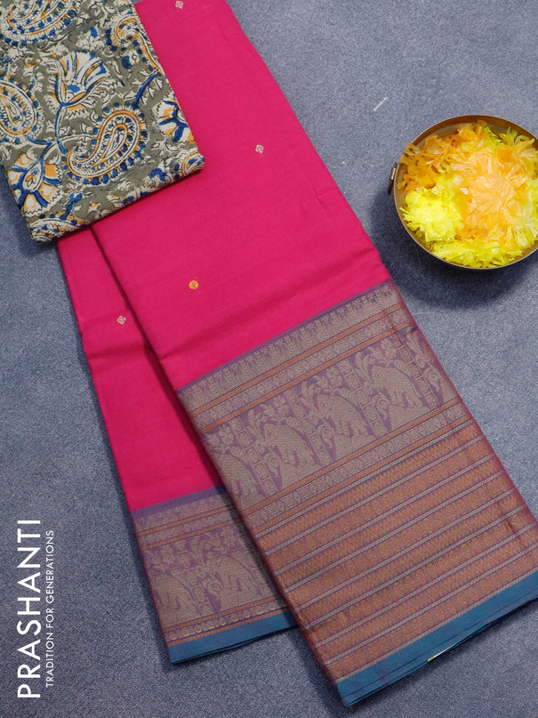 Chettinad cotton saree pink and dual shade of blue with thread woven buttas and long elephant design thread woven border - kalamkari printed blouse