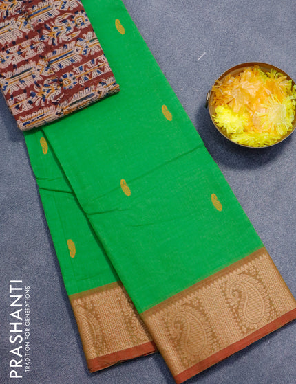 Chettinad cotton saree light green and red shade with thread woven buttas and thread woven border - kalamkari printed blouse