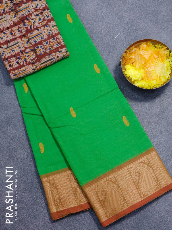 Chettinad cotton saree light green and red shade with thread woven buttas and thread woven border - kalamkari printed blouse