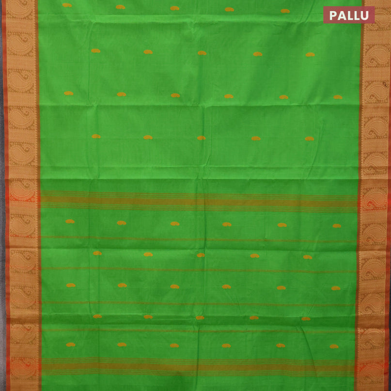 Chettinad cotton saree light green and red shade with thread woven buttas and thread woven border - kalamkari printed blouse