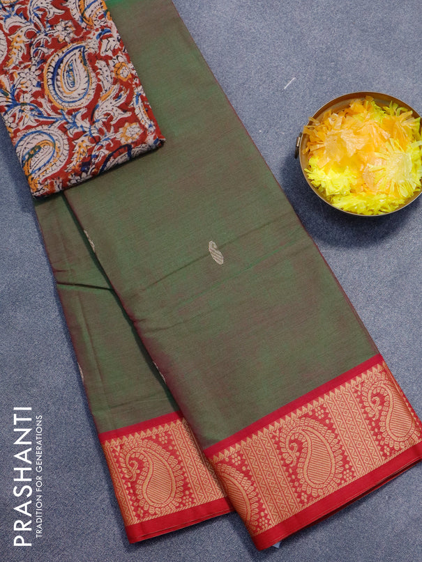 Chettinad cotton saree dual shade of green and pink with thread woven buttas and thread woven border - kalamkari printed blouse