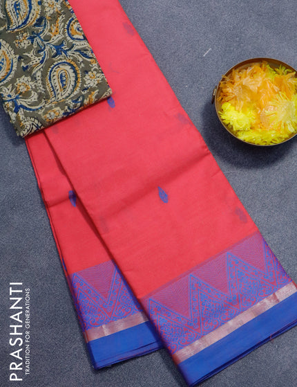 Chettinad cotton saree candy pink and blue with thread woven buttas and temple design zari woven border - kalamkari printed blouse