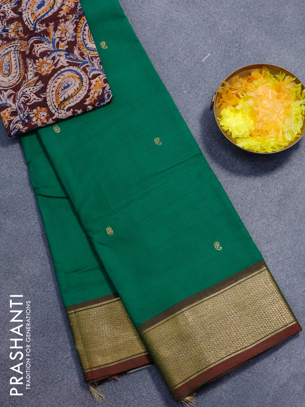 Chettinad cotton saree green and dual shade of maroon with zari woven buttas and zari woven border - kalamkari printed blouse