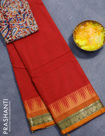 Chettinad cotton saree red and mustard yellow with plain body and temple design zari woven border - kalamkari printed blouse